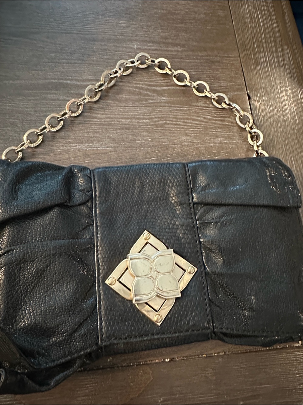 Black Leather Shoulder Clutch with Gold Chain